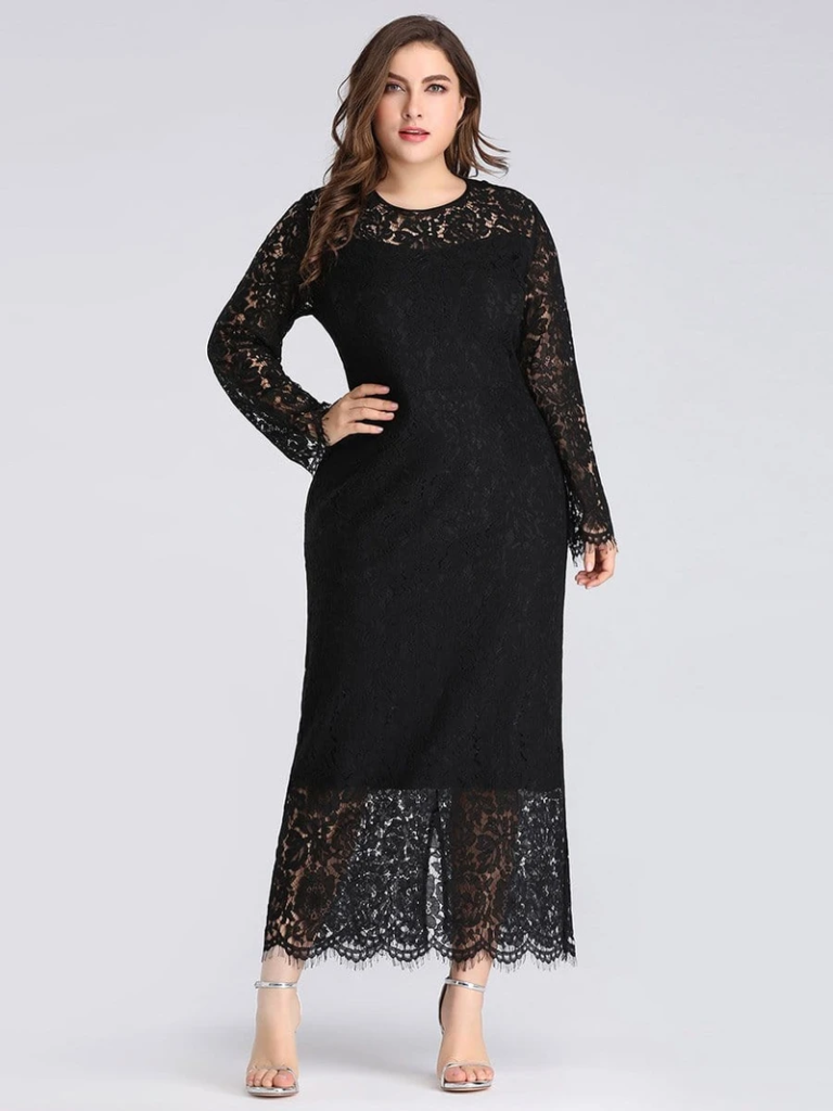 Plus Size Lace Print Dress with Long Sleeve